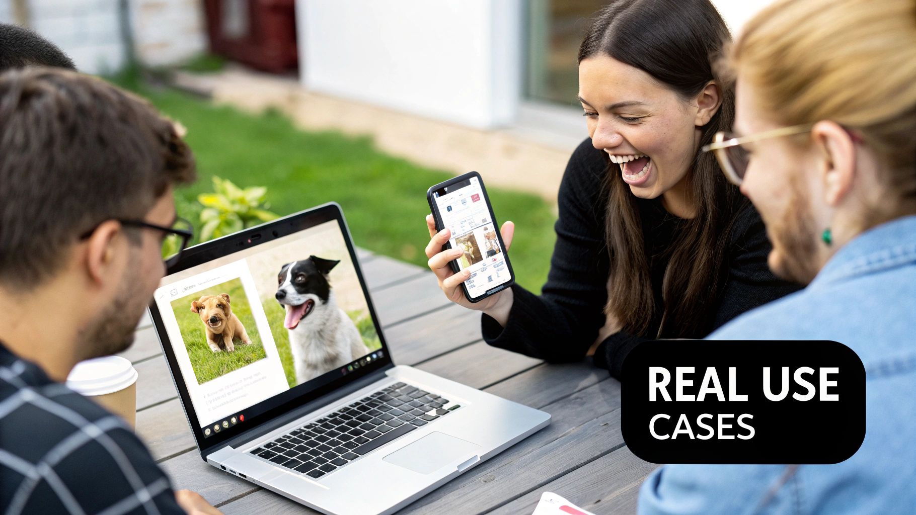 Friends laughing while interacting with a laptop and smartphone outdoors, demonstrating app use cases.