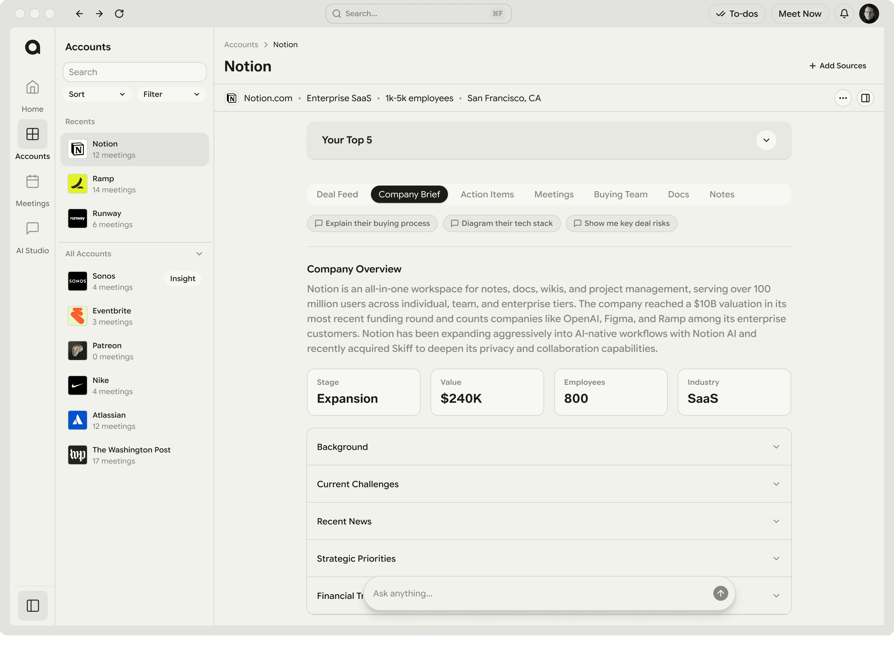 Account intelligence interface