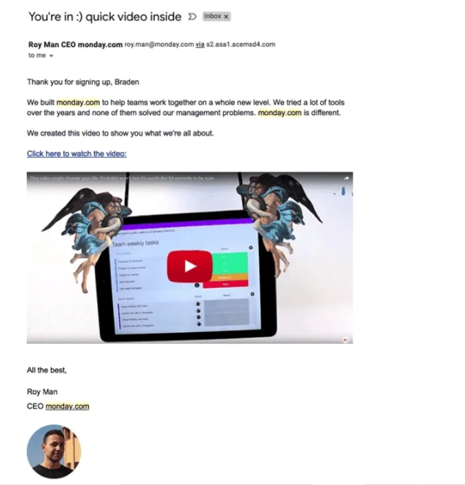 An example of a welcome email by Monday.com