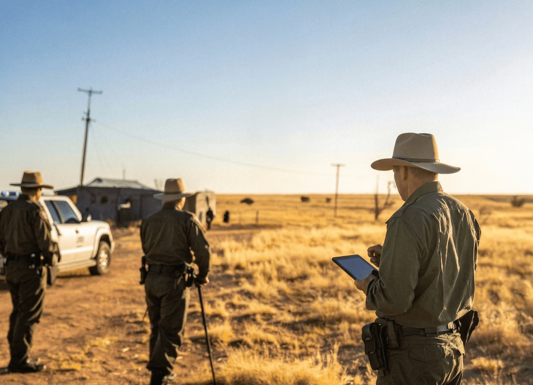 police conducting rural search, tablet in hand