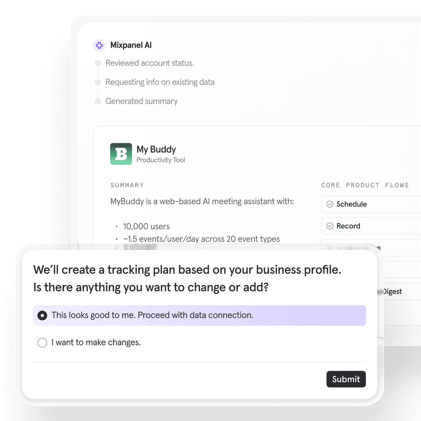 Mixpanel Agent onboarding flow auto-generating business context by scanning an existing product, then proposing a tracking plan with event taxonomy based on the business profile for AI data governance.