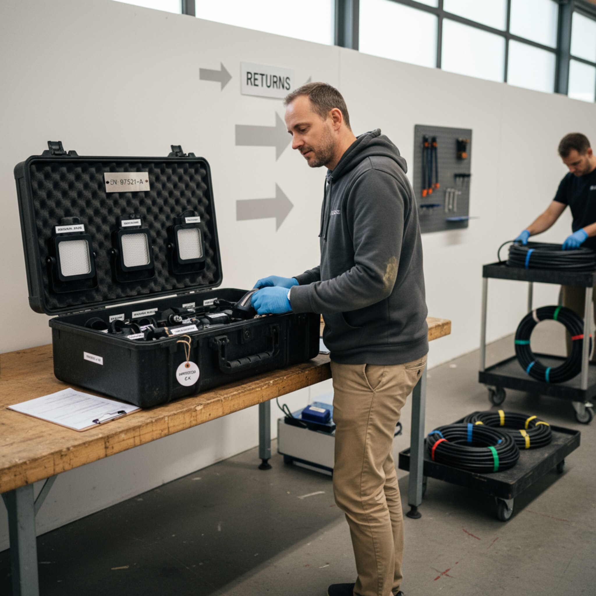 Am Rückgabepunkt wird ein Case geöffnet, Schaumstoffeinlagen geben den Blick auf sorgfältig sortierte Komponenten frei. Eine kleine Metallplakette mit Seriennummer wird abgelesen, ein Papieranhänger vermerkt den Zustand. Daneben steht ein Wagen mit bereitgelegten Kabelbündeln. Die Atmosphäre ist kontrolliert und routiniert.