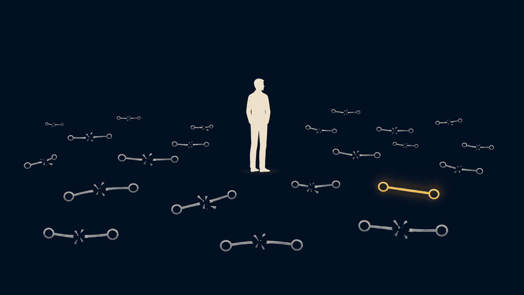 A silhouette surrounded by broken steel-gray connection lines and one intact gold line on a navy background, representing the cumulative relationship damage caused by a mismatched hire.