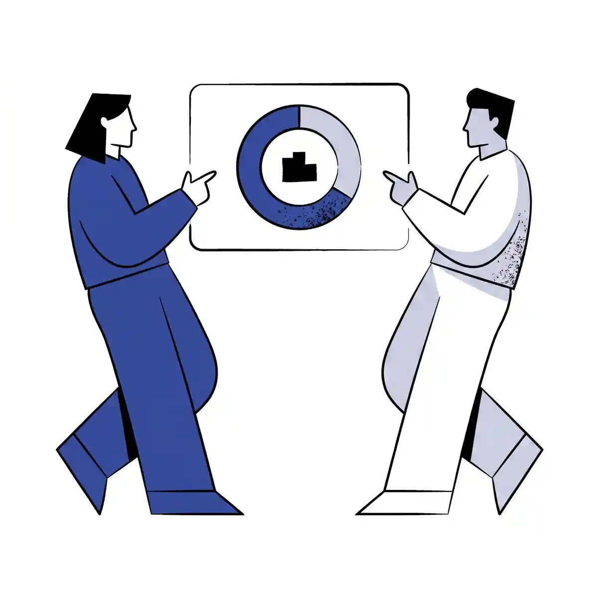 Zwei Figuren stehen auf beiden Seiten eines einzelnen schwebenden Dashboards mit einem kreisförmigen Diagramm, das zu rund zwei Dritteln in Brandblau und zu einem Drittel in Lavendelgrau gefüllt ist; beide beugen sich zum Bildschirm und deuten auf dieselbe gemeinsame Echtzeitansicht.