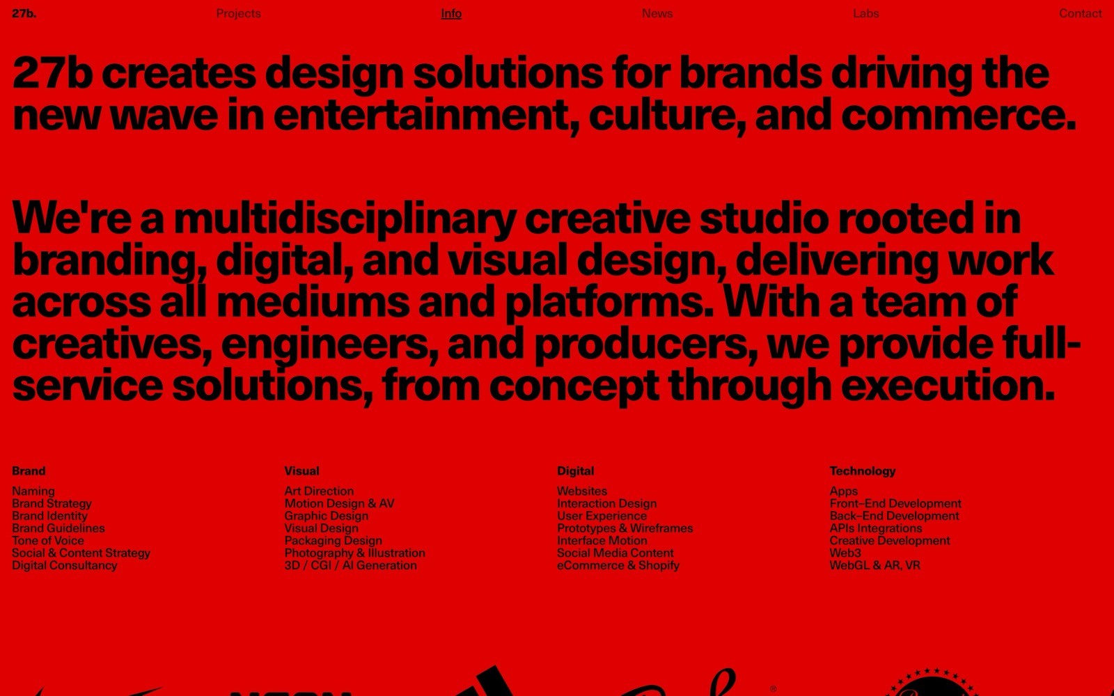 Red background with black text detailing 27b's design services. Headline: "27b creates design solutions..." Logos and categories listed.