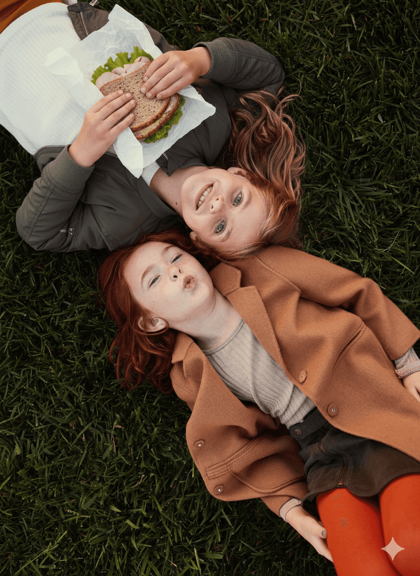 Two girls lying on grass, one with red hair and brown coat, the other with blonde hair and green jacket.