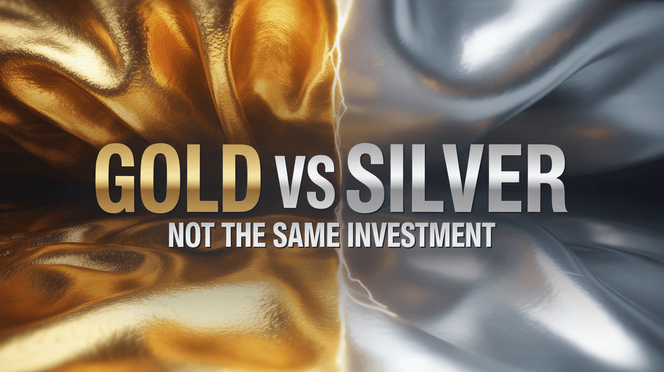 Split gold and silver metallic texture with lightning divider and Gold vs Silver headline