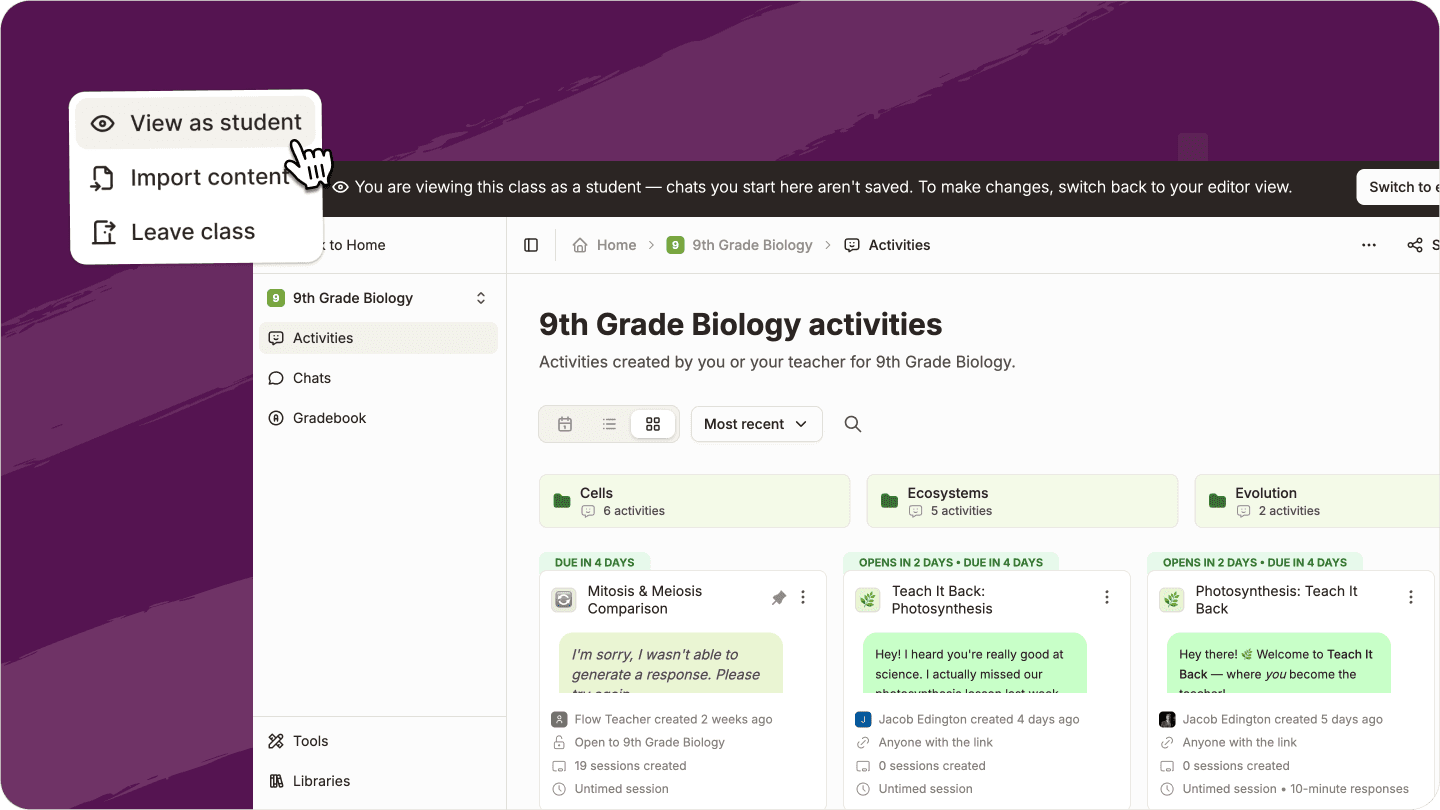 Screenshot of view as student mode for teachers