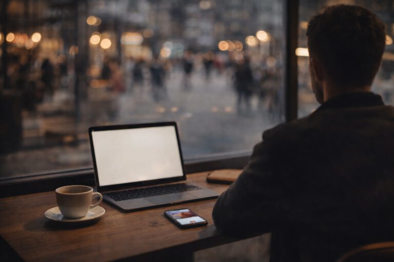 ein mann sitzt in einem caffee an seinem laptop