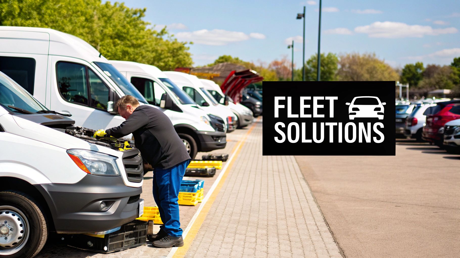 A service technician performing maintenance on a white fleet delivery van's engine.