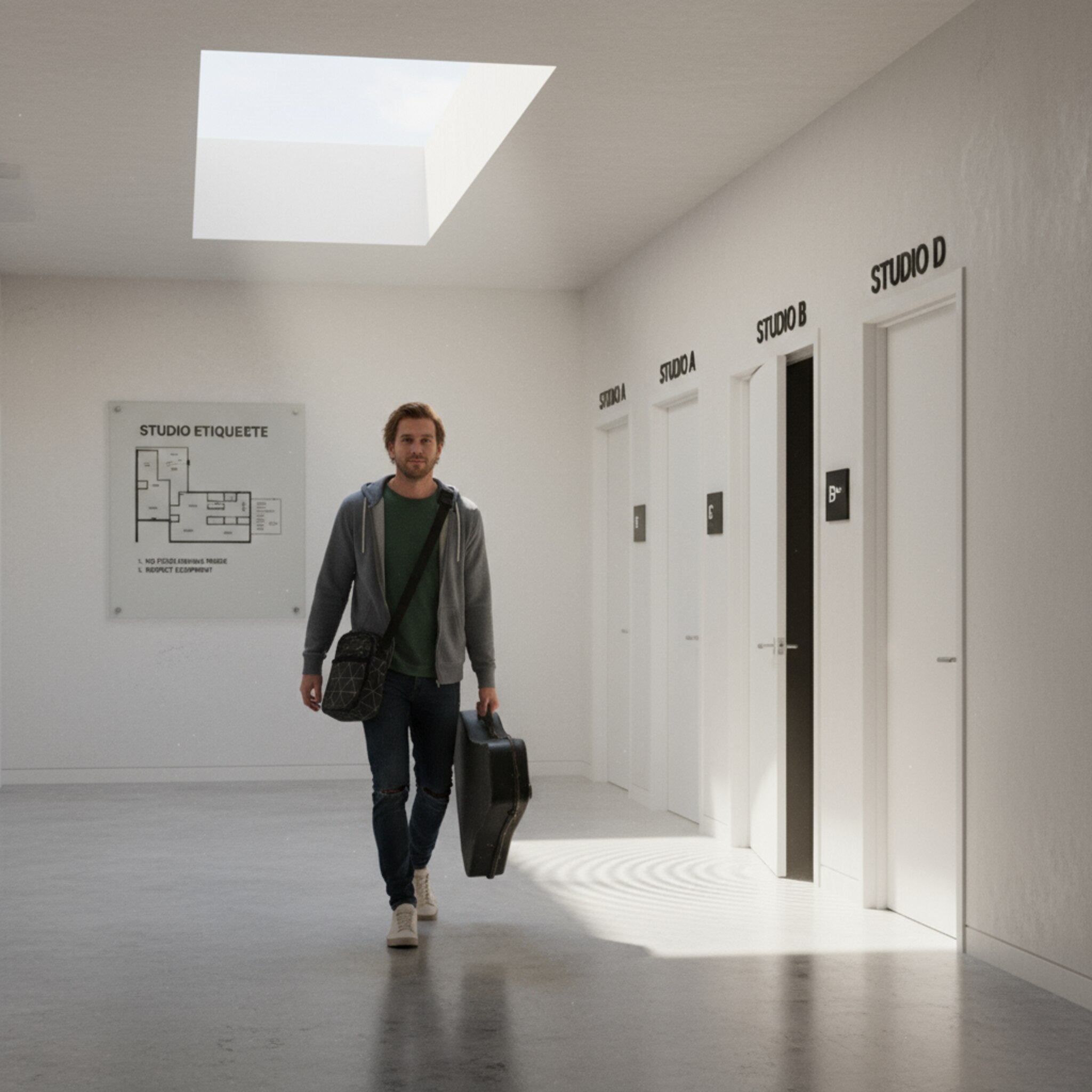 Ein breiter Korridor mit beschrifteten Türen, aus einer Tür dringt gedämpfter Bass. Ein Musiker trägt ein Pedalboard und ein Case, Sonnenlicht fällt durch ein Oberlicht. Ein sauberer Plan an der Wand zeigt Raumregeln. Es liegt Vorfreude in der Luft, gleich beginnt die Probe.