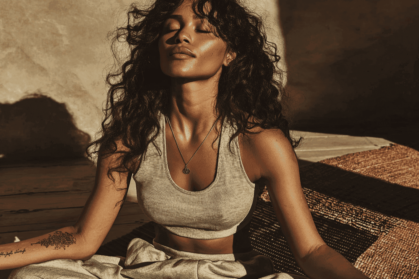 Woman relaxing in gray crop top on woven mat
