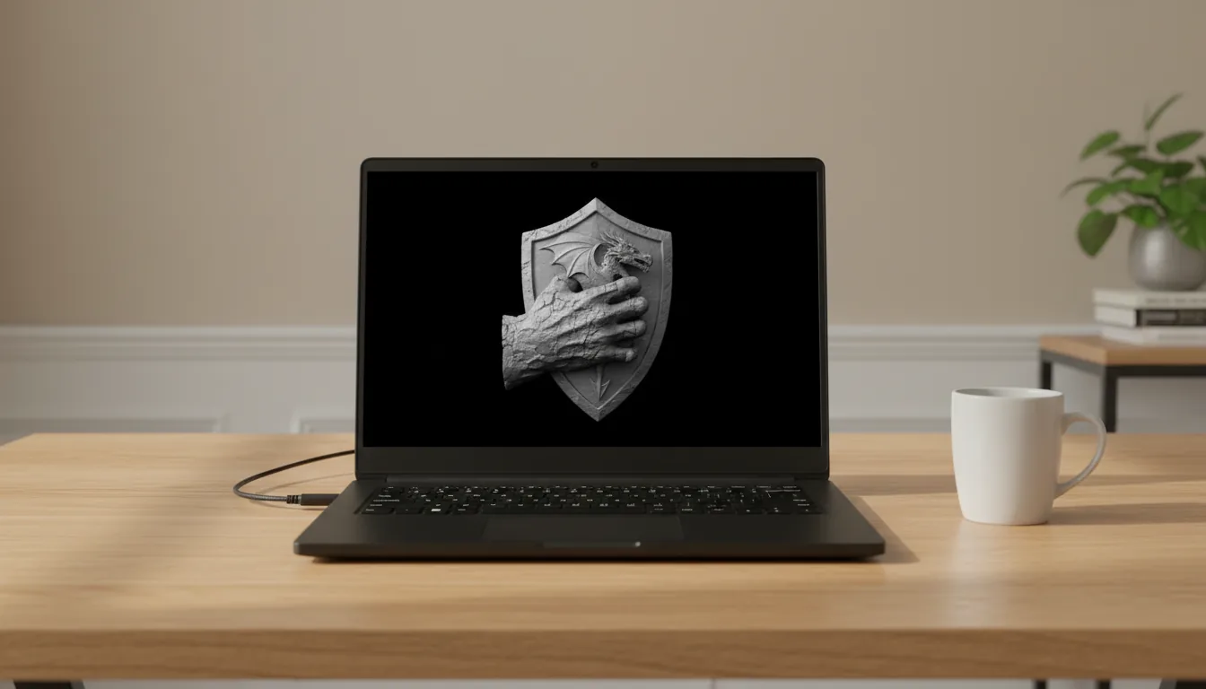 DSLR photograph of a sleek, black high-performance laptop open on a light oak wooden desk with a visible grain texture. The screen displays a high-resolution monochrome 3D graphic of a textured, rocky hand holding a dragon crest logo against a black background. Soft, natural daylight from the side illuminates the scene, casting gentle shadows. The background is a softly blurred neutral-colored wall with white molding, creating a shallow depth of field.