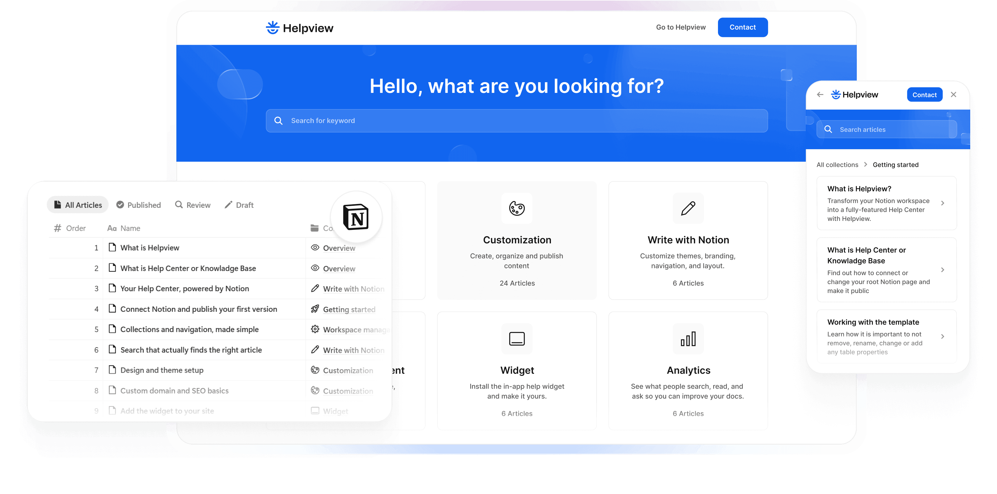 Helpview interface showing how to turn Notion into a searchable help center with articles, widget, and customization.