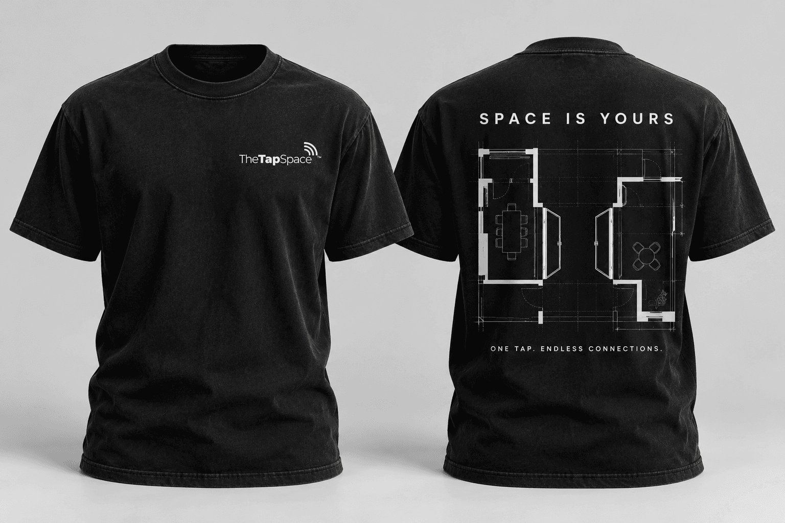 Black TheTapSpace tee, front logo and blueprint inspired back graphic