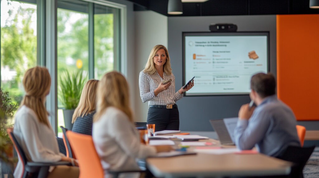 A woman leads a workshop in a modern corporate setting, presenting to a group while utilizing a digital screen. This scene highlights the importance of employee education on sleep health and personalized sleep coaching, showcasing organizational commitment to enhancing workplace productivity and well-being.