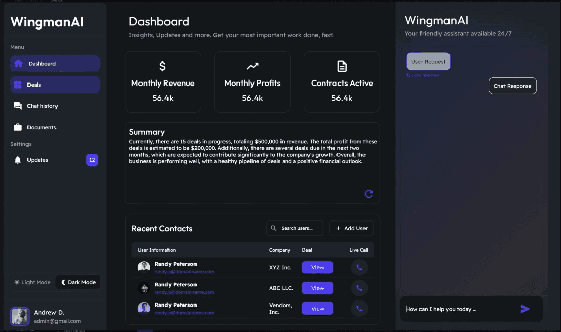 Wingman AI — product dashboard interface and feature overview