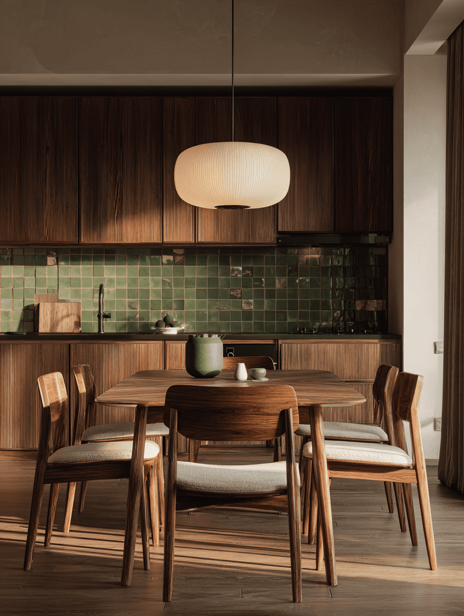 Cocina integral en departamento en Guadalajara, con azulejo color verde y sillas de nogal, gabinetes de madera de nogal, diseñado y ejecutado por Grupo Aldea en Zapopan