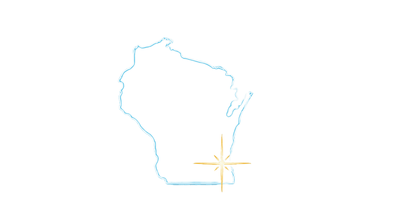 Outline of the state of Wisconsin with the city of Milwaukee highlighted with a golden star.