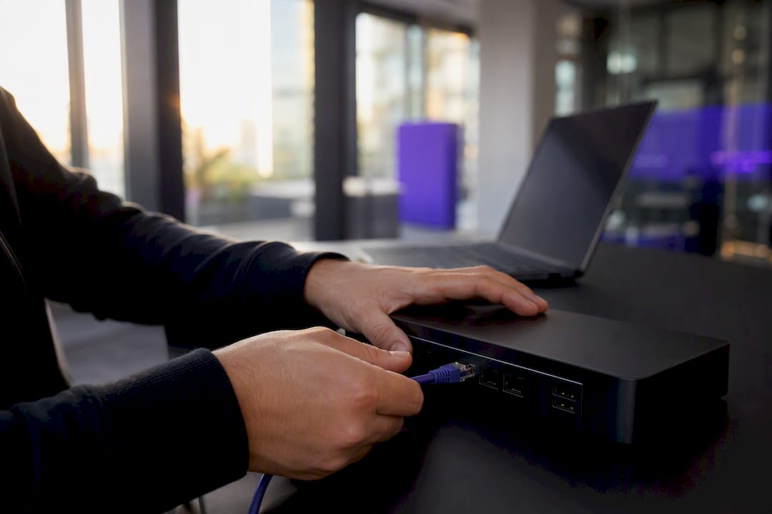 Hands wiring network cable into gateway device