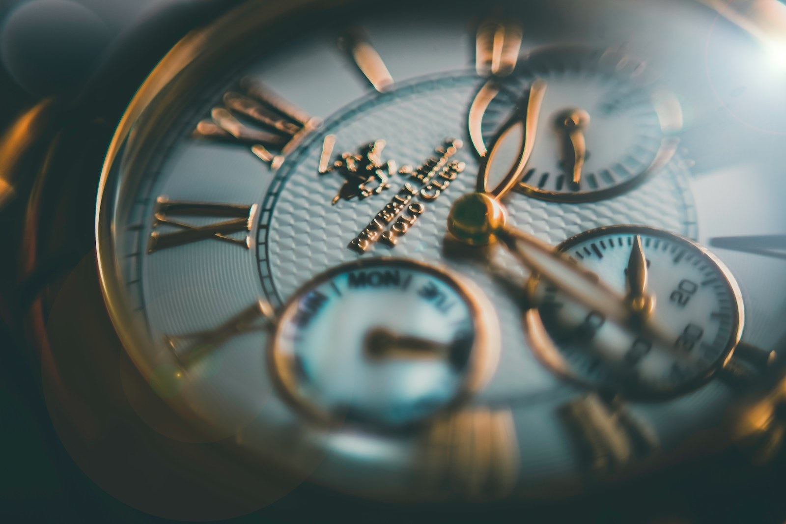 Macro view of a chronograph watch