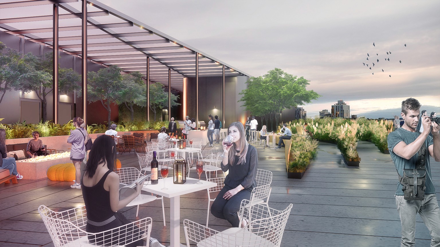 Rooftop rendering at dusk, featuring tenants enjoying wine amidst lounge furniture, lush landscaping, and a trellis in the background.