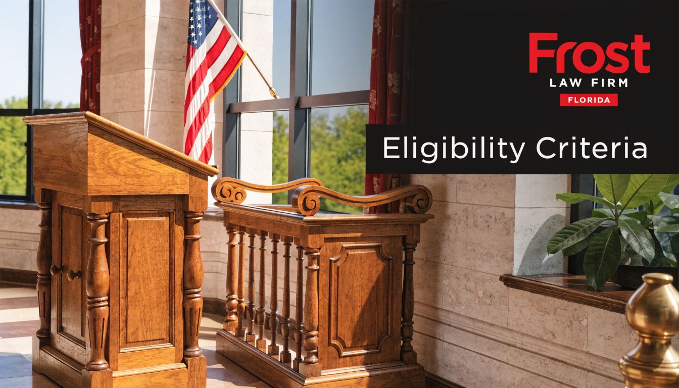 A wooden courtroom podium and witness stand with an American flag in a professional legal setting.