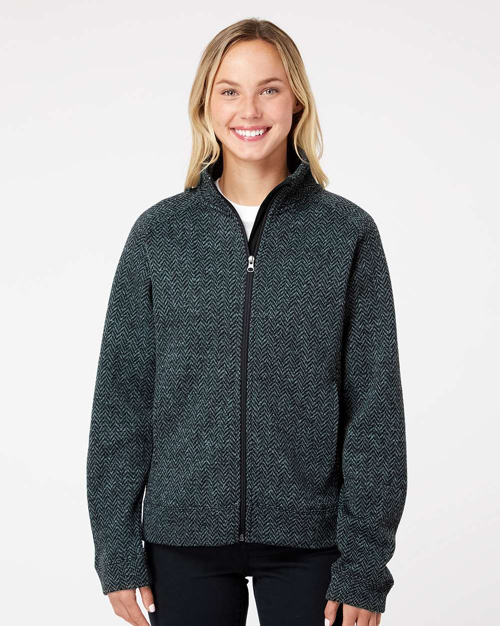 A heathered grey knit sweater that has a full zipper on a model.