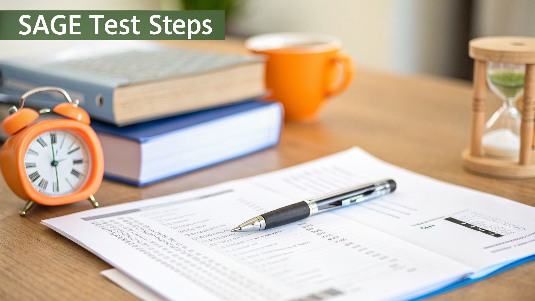 A SAGE Test Steps banner above a desk with an alarm clock, books, papers, pen, and an hourglass, suggesting study or an assessment.