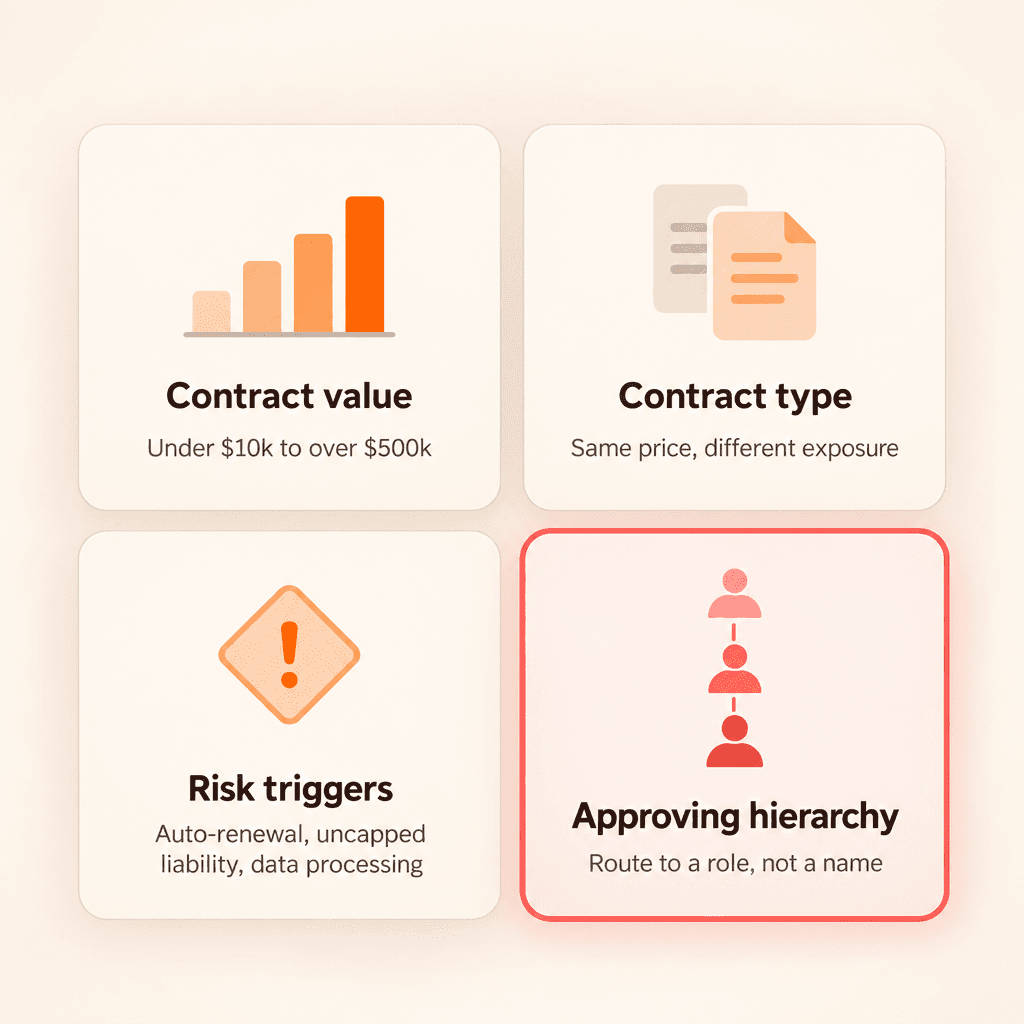 The four dimensions of a delegation of authority matrix: contract value, contract type, risk triggers, and an approving hierarchy built on roles.