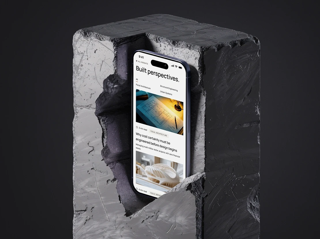 Edison architecture template mobile design — built perspectives section on iPhone, responsive Framer template for structural engineering firms