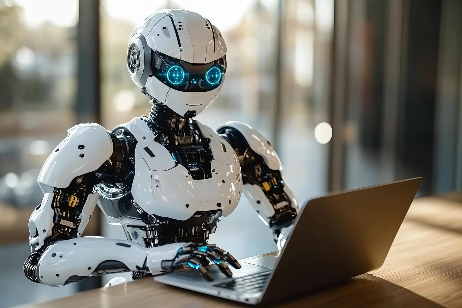 Humanoid Robot in Improper Posture Using Laptop at Wooden Office Desk