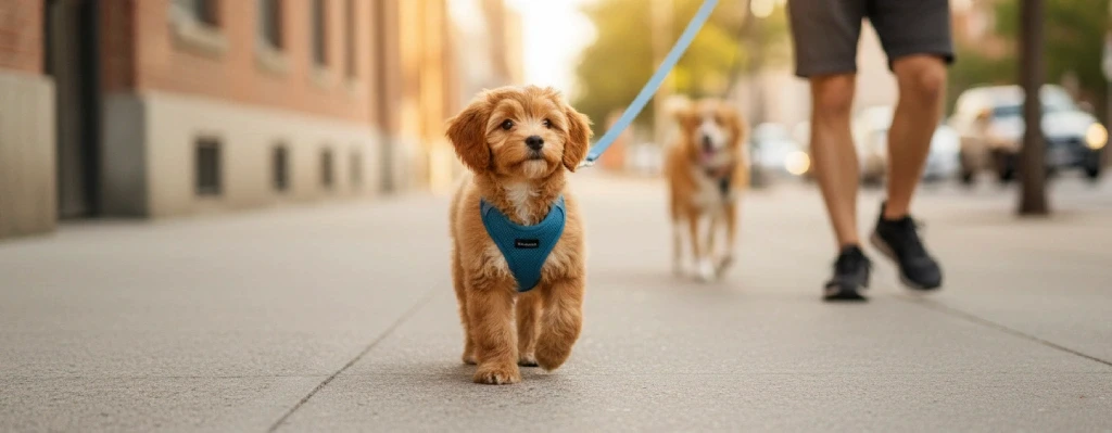 perro paseando tranquilo con guia
