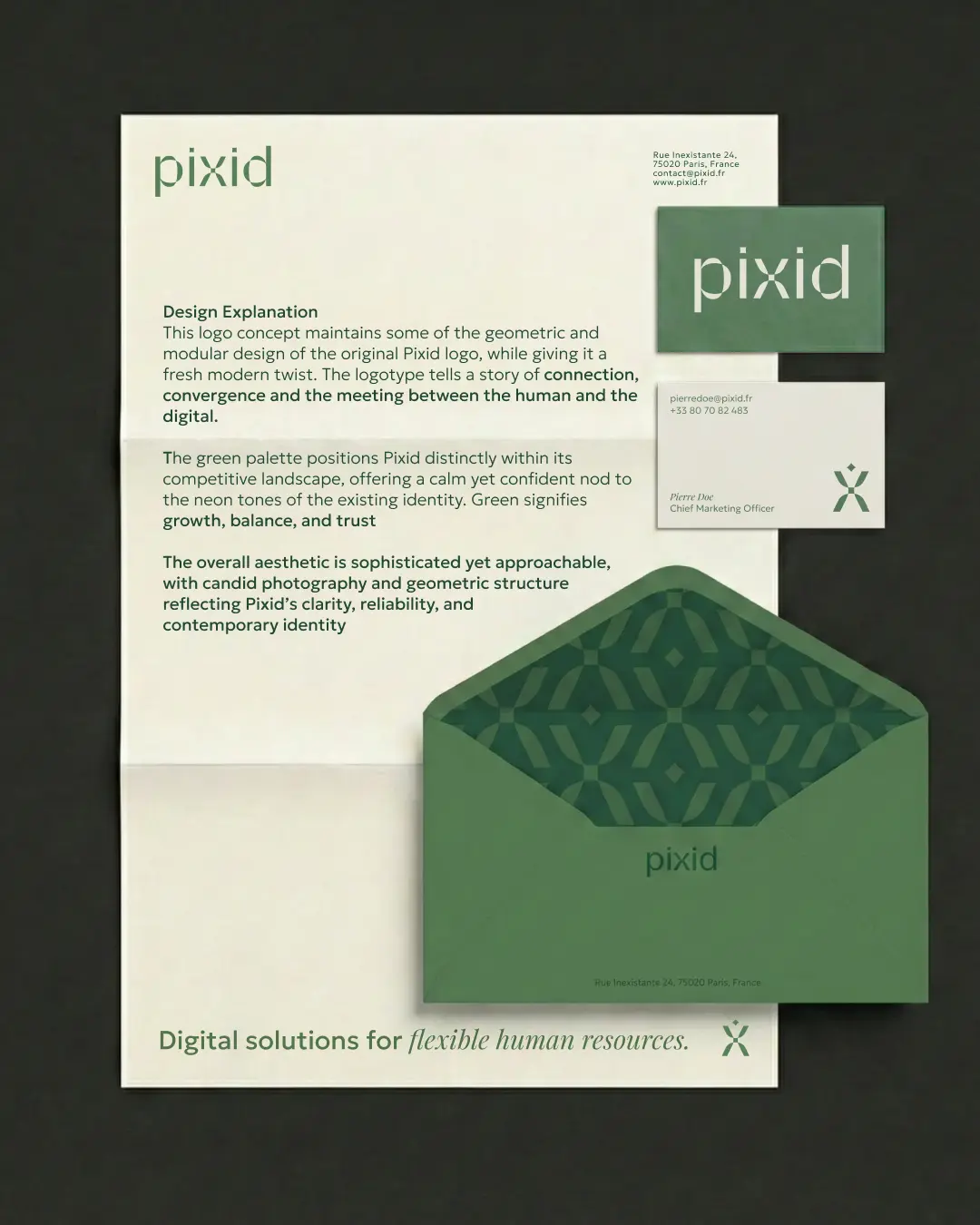 Pixid stationery — business cards and envelope on dark background, asset design for SaaS brand identity