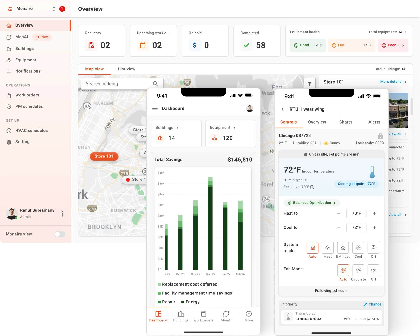 Monaire HVAC management software dashboard for monitoring multi-site HVAC/R performance