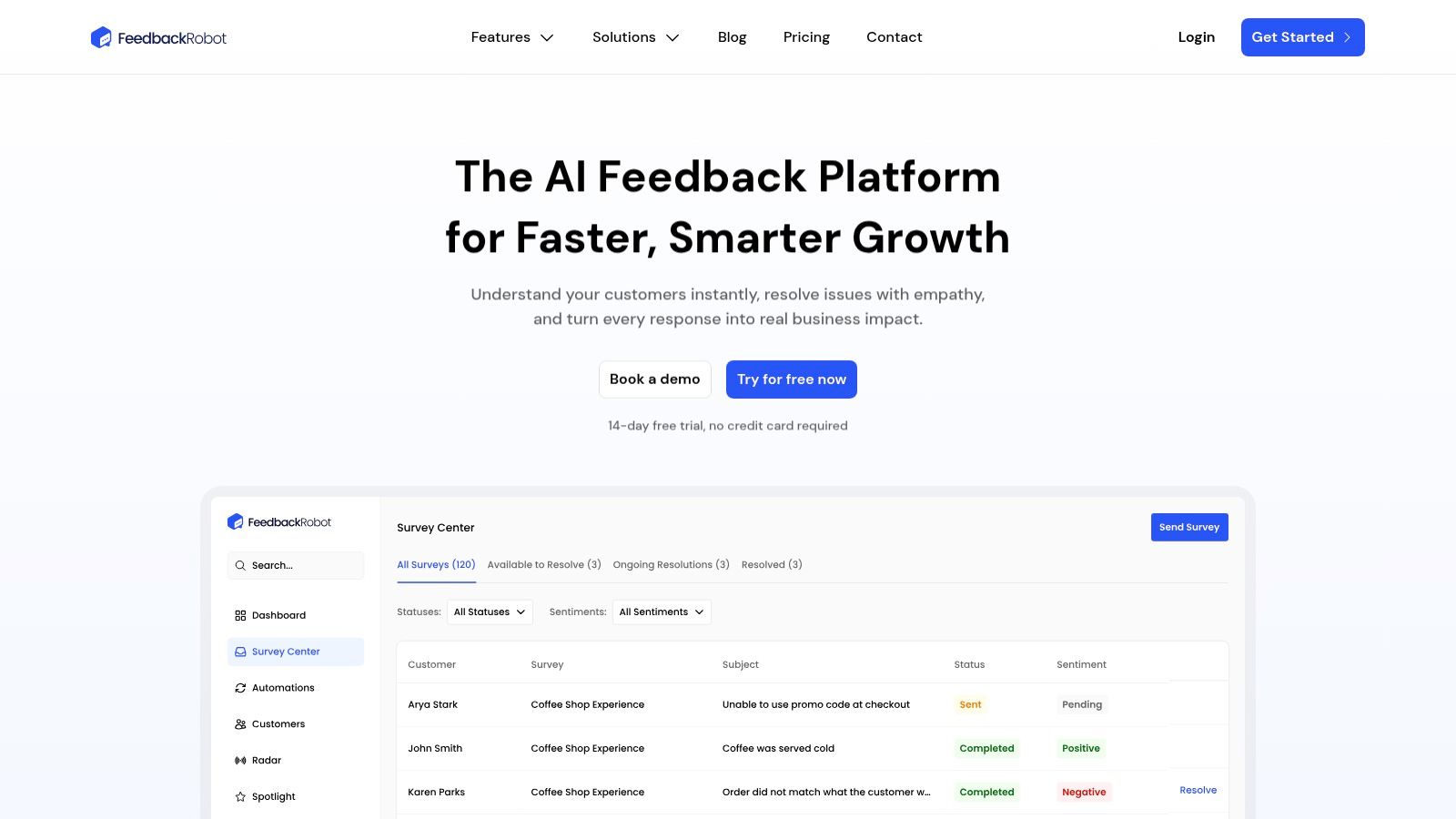 FeedbackRobot dashboard showing customer feedback analytics and trends.