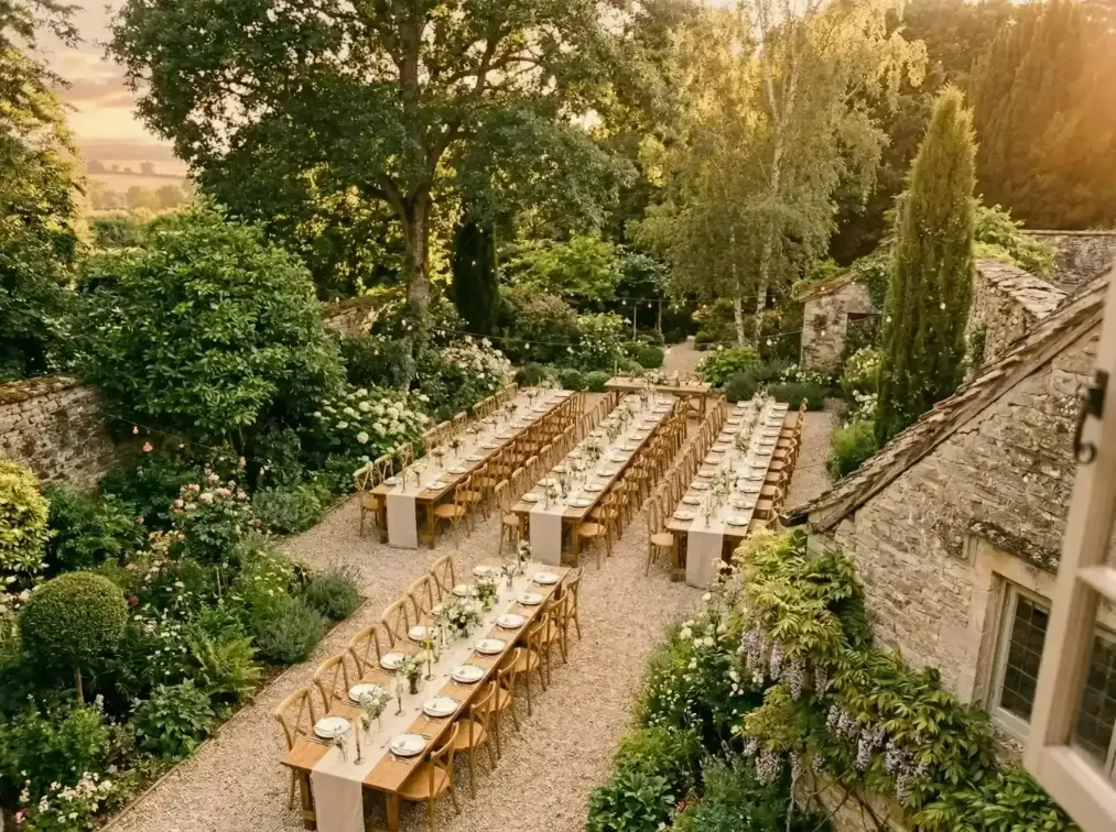 High-angle view of an outdoor wedding dinner with long wooden tables and lush floral arrangements