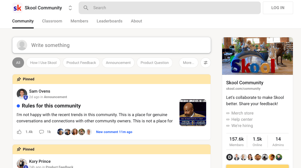 UI of a community built using Skool, depicting the various discussions happening in the community.