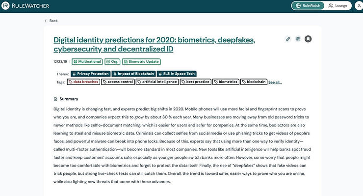 Figure 4: RuleWatcher — article detail view showing multi-theme tagging across biometrics, blockchain, cybersecurity, and digital ID.