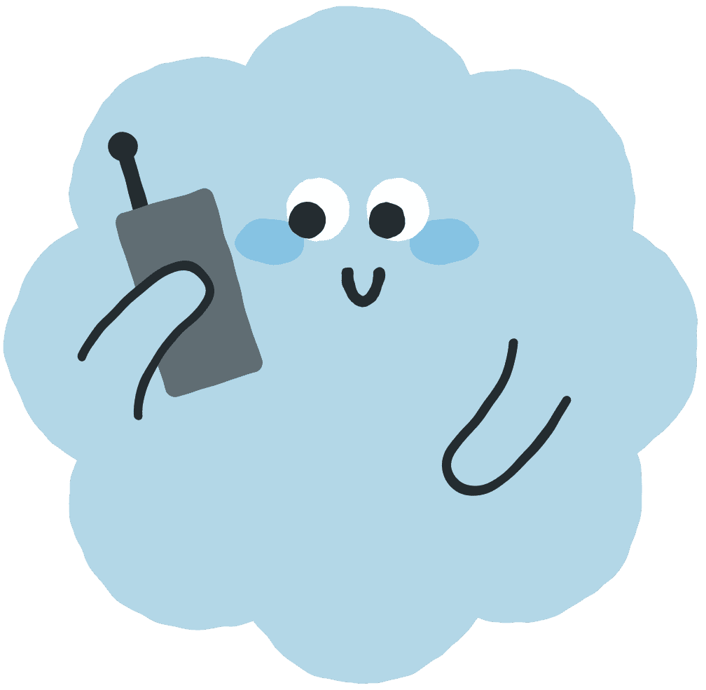 Mascotte de nuage bleu au téléphone.