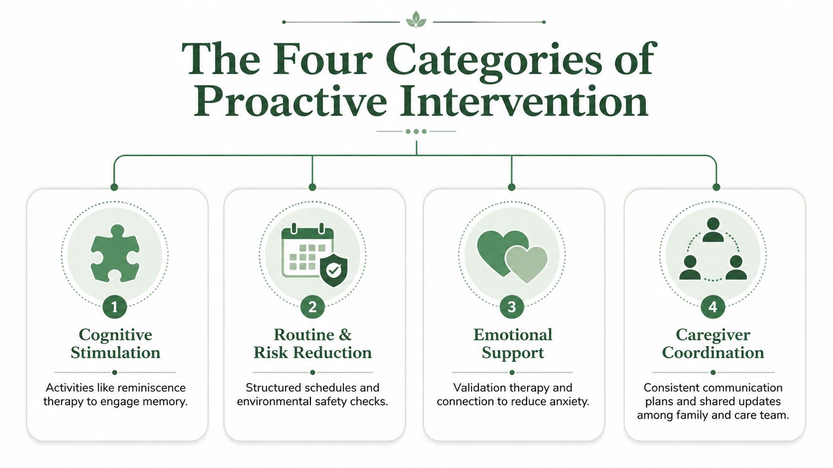 A diagram illustrating the four categories of proactive intervention, focusing on care strategies for individuals.