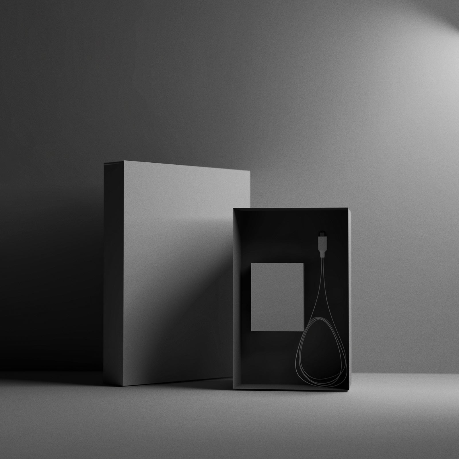 Minimalist interior with doorway and dramatic light beam