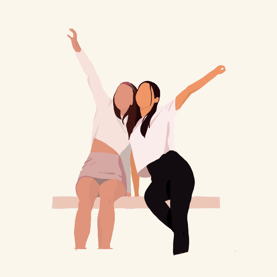 An illustration of 2 girls leaning together, arms extended.