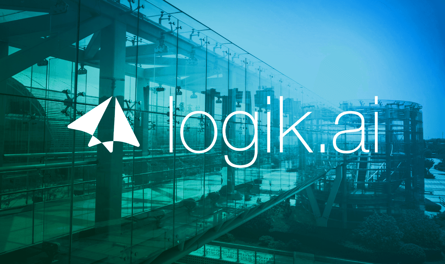 Logo on green to blue gradient urban landscape