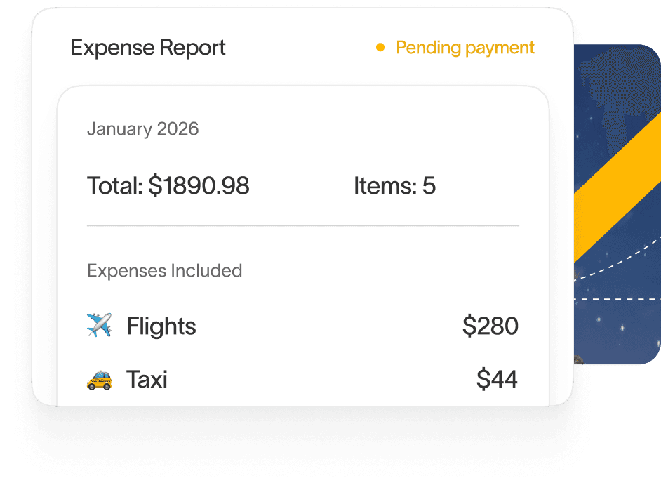Digital expense report dashboard showing a clear breakdown of reimbursable costs for January 2026, including flights and taxis, totaling $1,890.98 with a 'Pending payment' status.