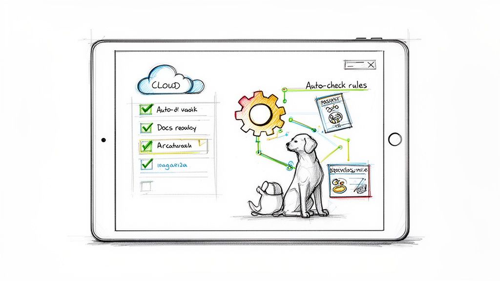 A sketch of a tablet screen showing cloud documents and automated pet passport verification process with dogs.