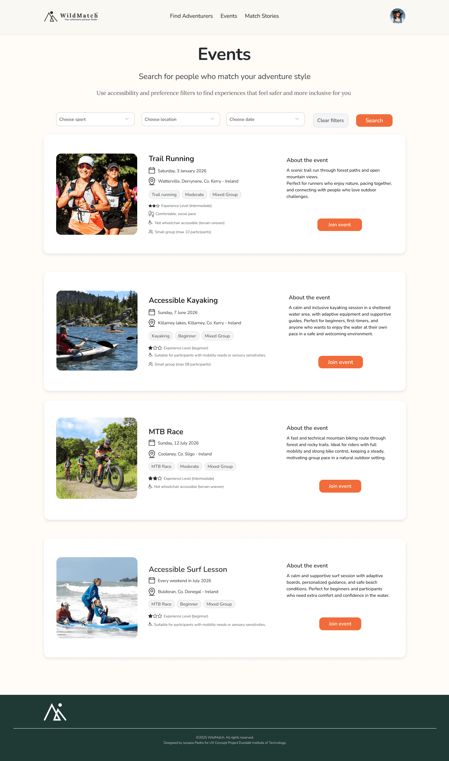 WildMatch events page showing upcoming outdoor activities with event details and participation options.WildMatch events page showing upcoming outdoor activities with event details and participation options.
