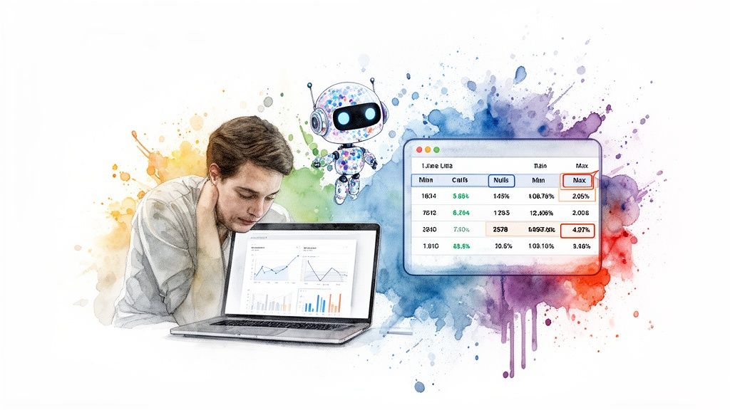 A man works on a laptop with data charts, aided by an AI robot and a data table.