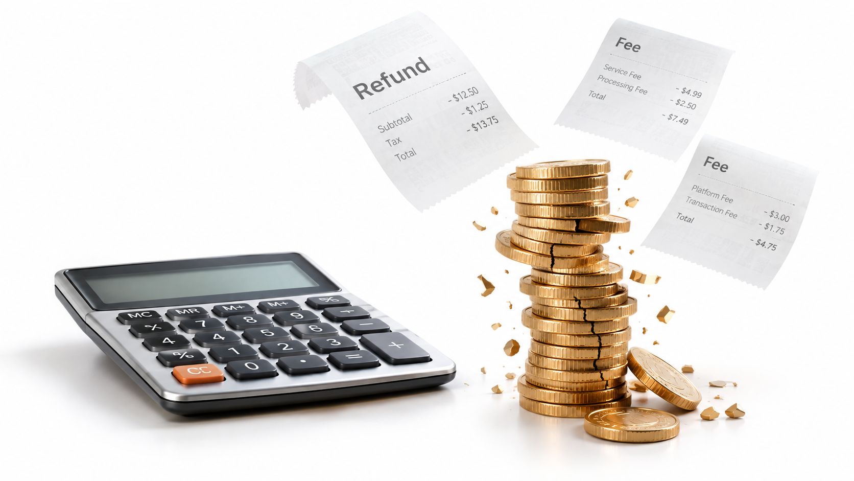 A digital calculator sits next to a stack of gold coins and floating receipts detailing various fees.