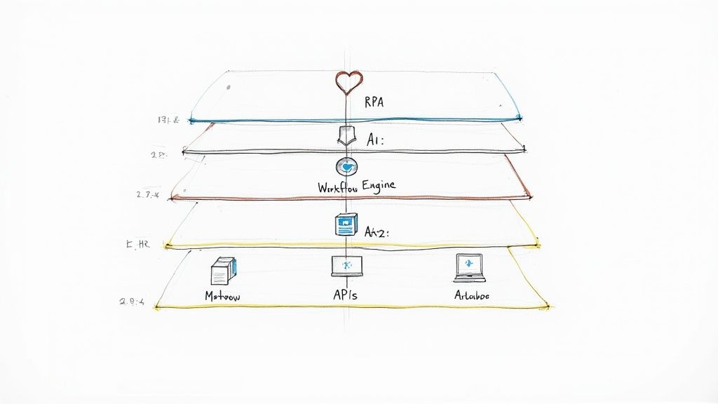 Layered architecture diagram depicting RPA, AI, Workflow Engine, and various business systems including APIs.